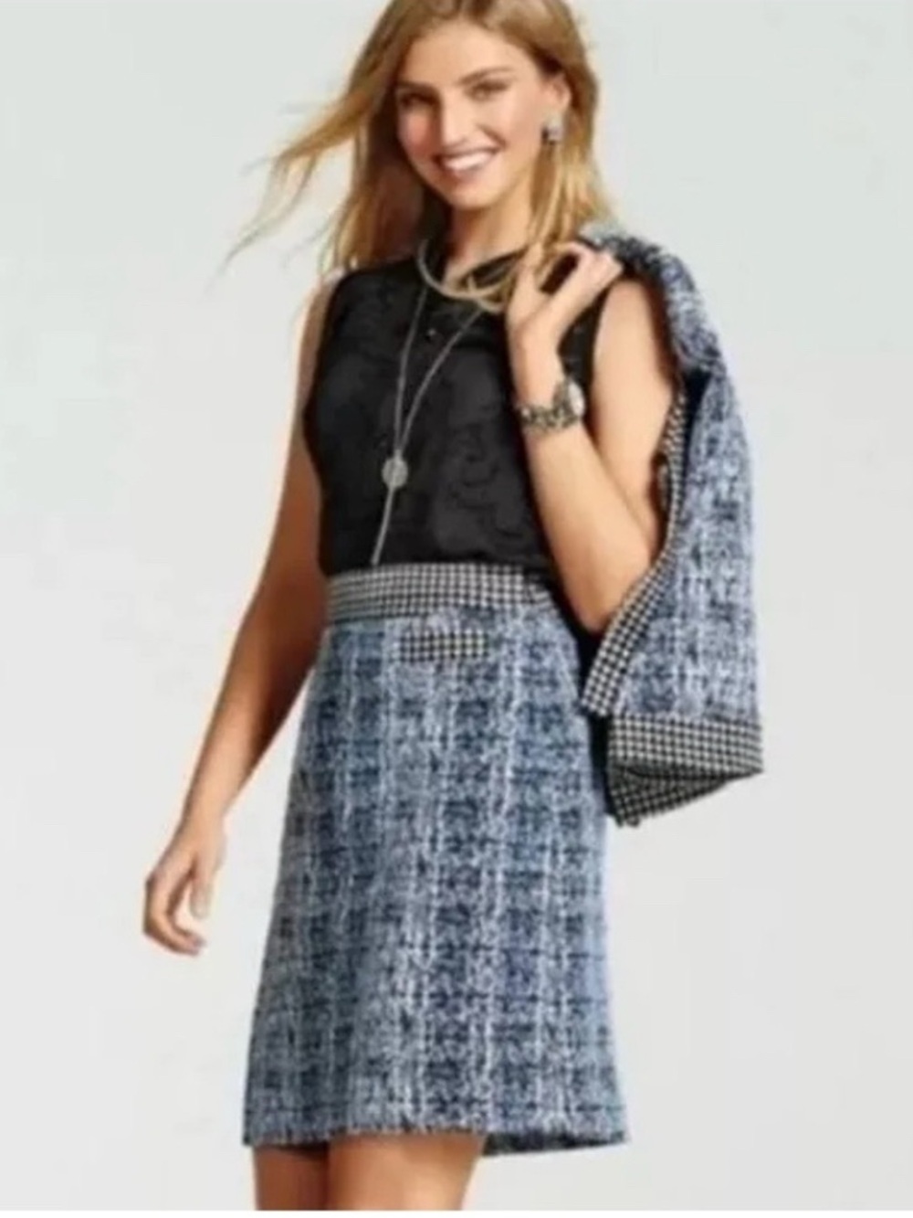 Cabi Reina Blue Tweed A-Line Skirt Size 2 Houndstooth Preppy